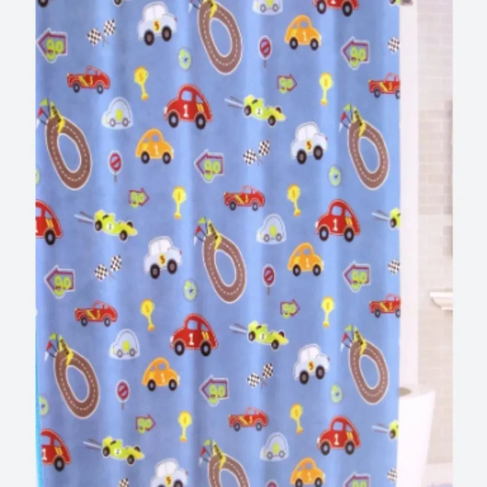 Kassatex boys bath car set: shower curtain, towels, soap dish, tray, covered jar